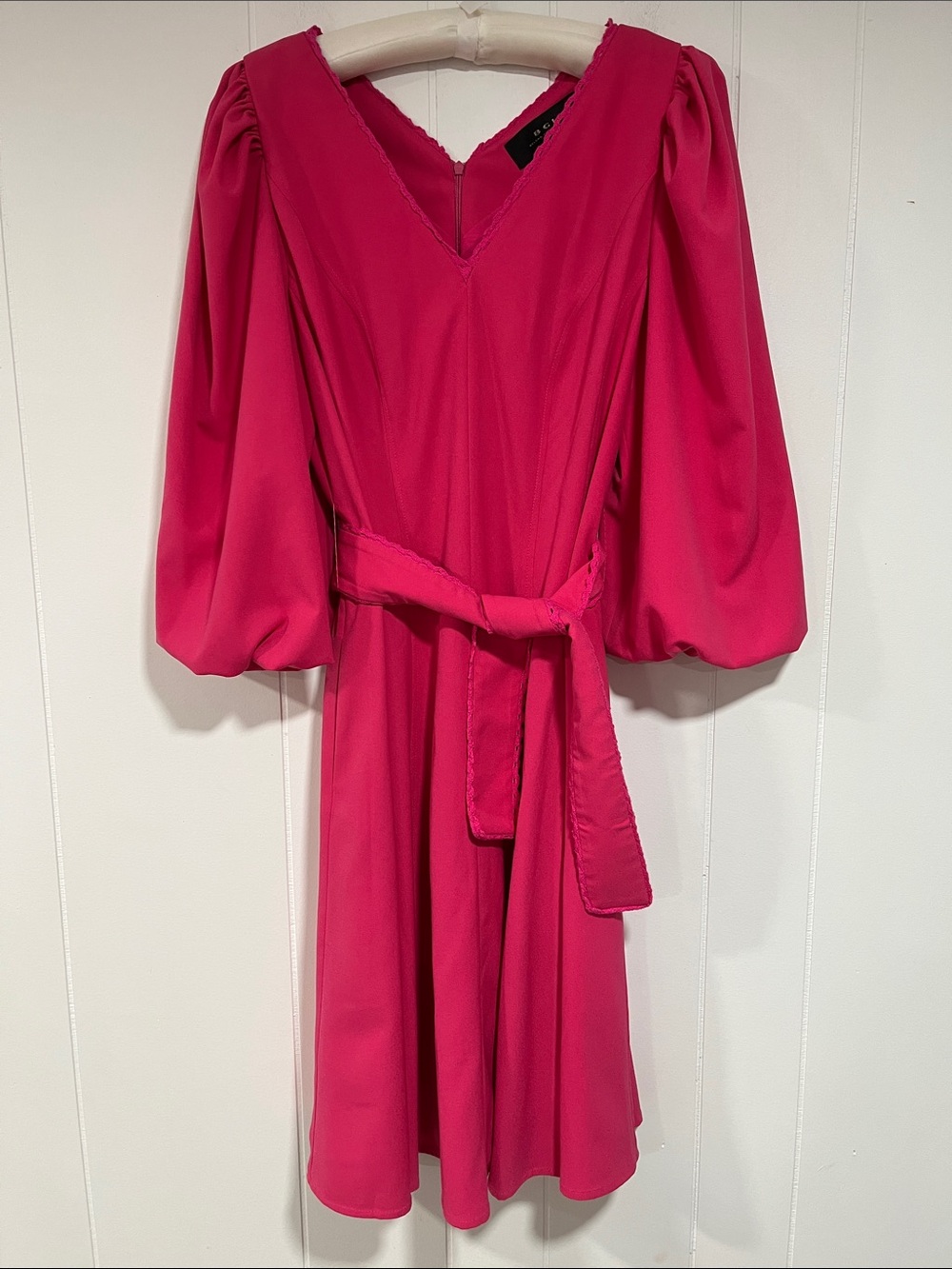 BGL Fuchsia V-Neck Midi Dress with Puff Sleeves Barbiecore